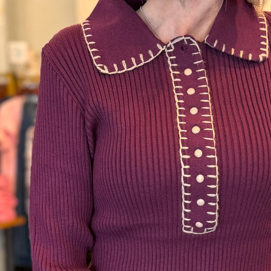 Whip Stitch Plum Button Sweater