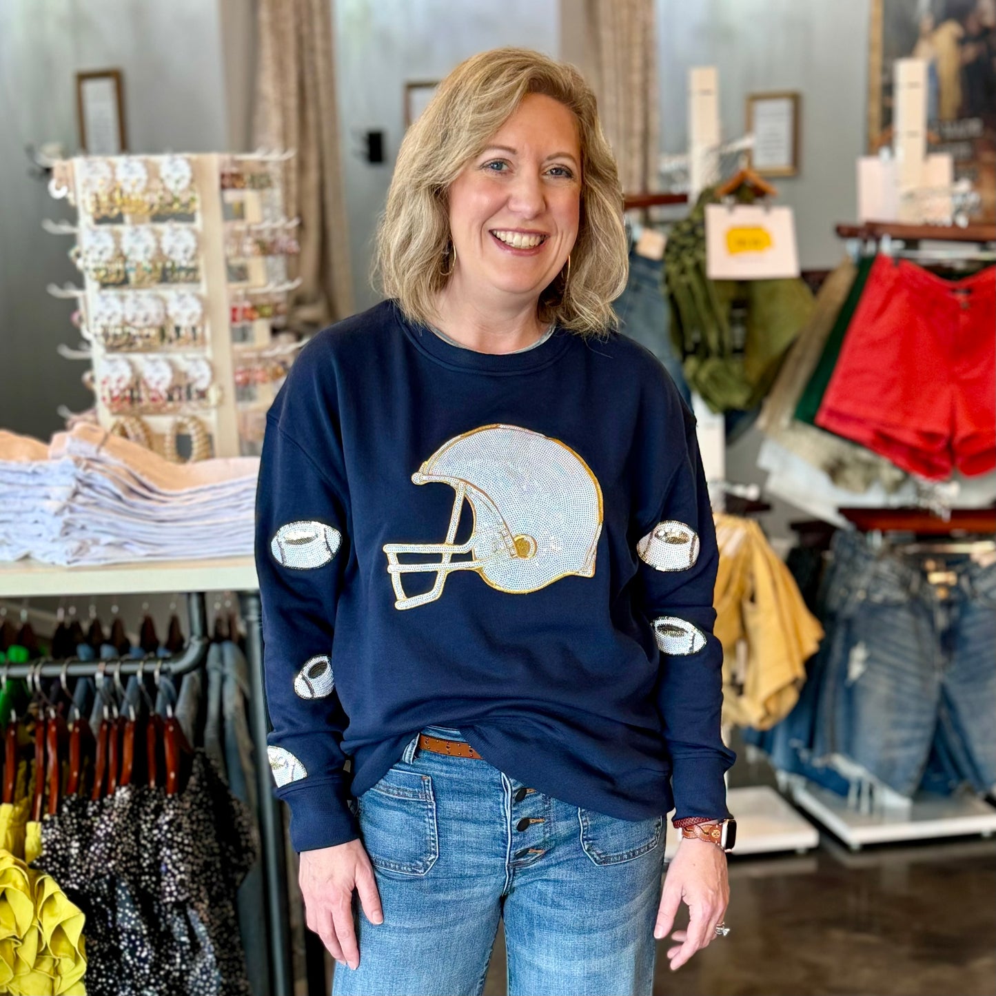 Navy Sequin Football Sweatshirt