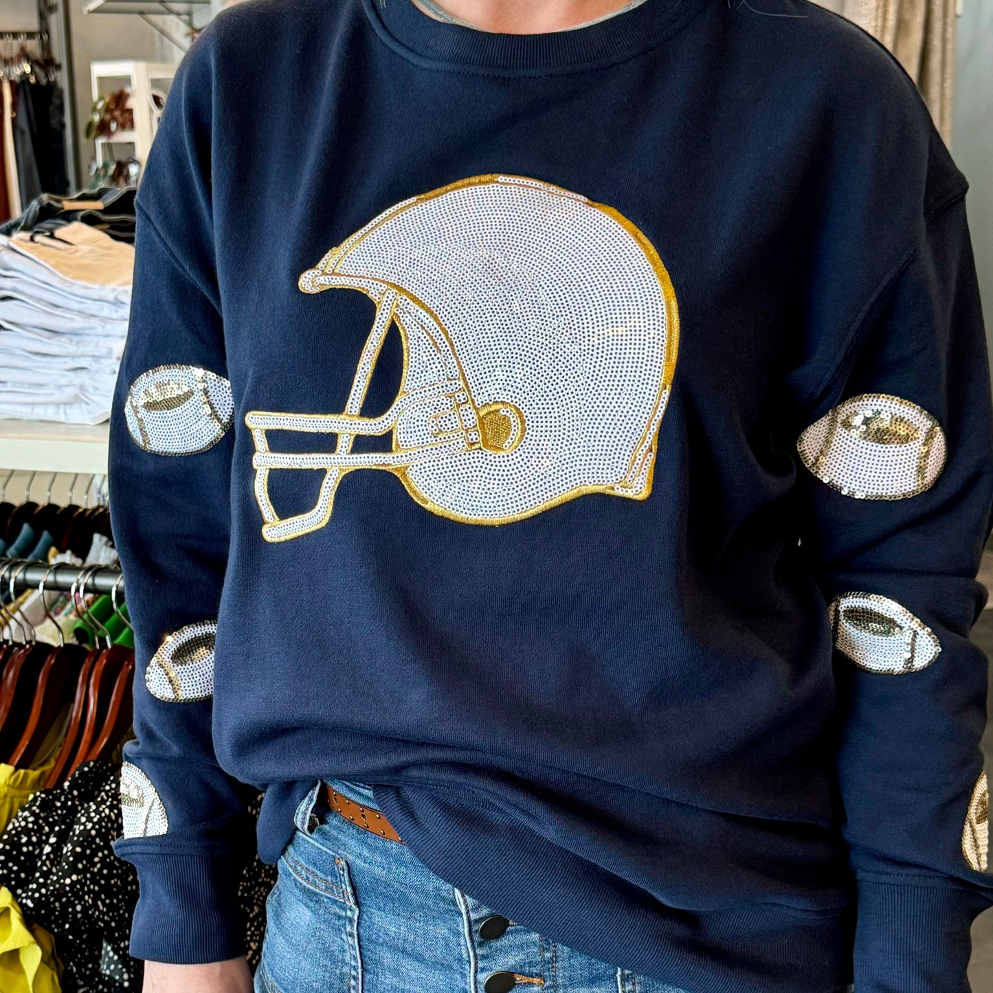 Navy Sequin Football Sweatshirt