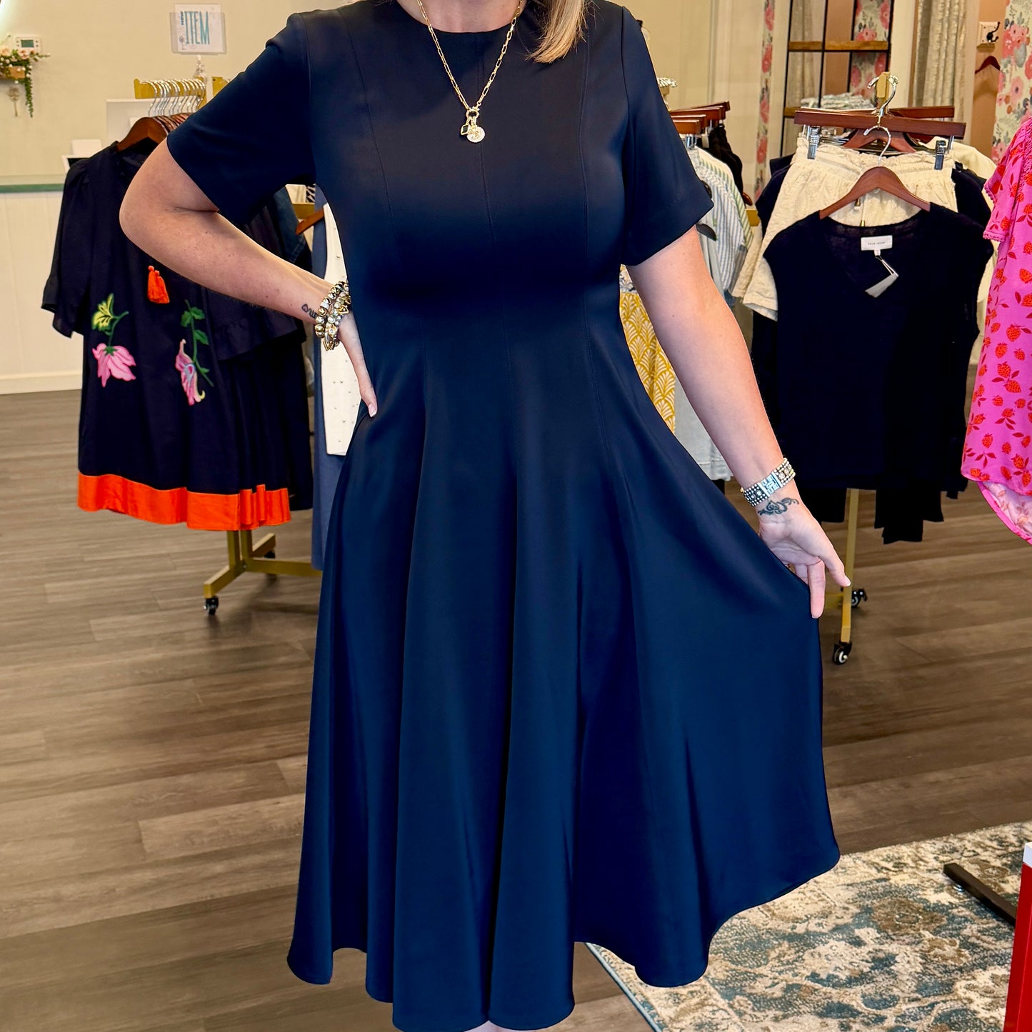 Short Sleeve Navy Midi Dress
