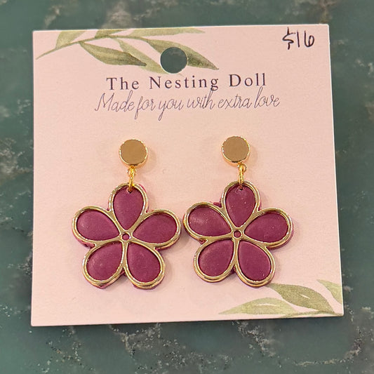 Magenta with Gold Flower Accent Earrings