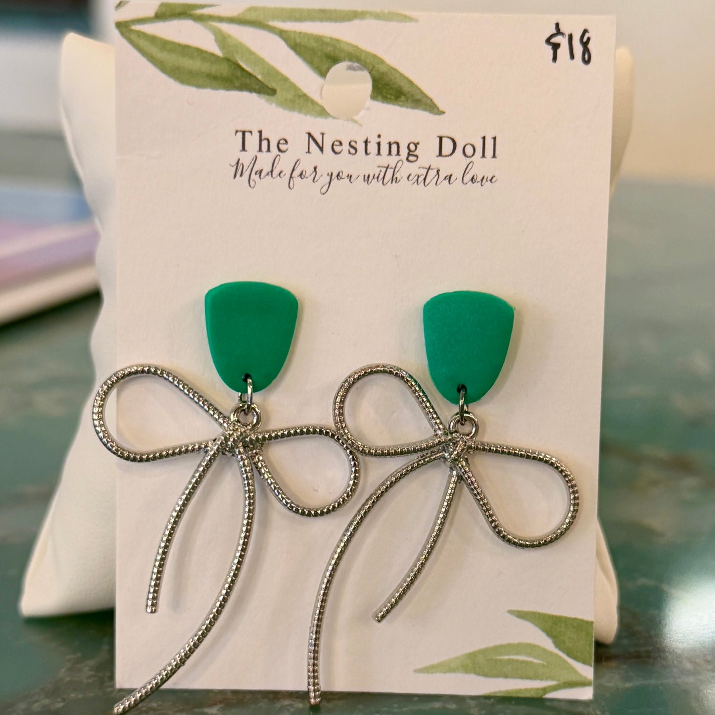 Green Post Silver Bow Earrings