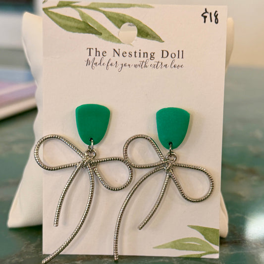 Green Post Silver Bow Earrings