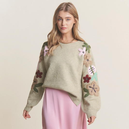 Sage Floral Trim Sweater