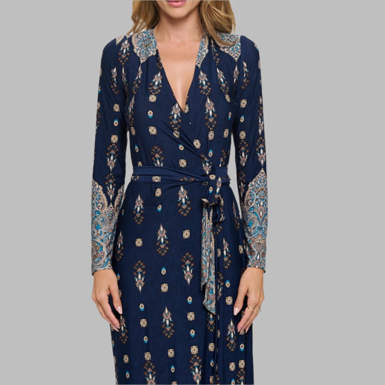 Navy Print  Wrap Maxi Dress