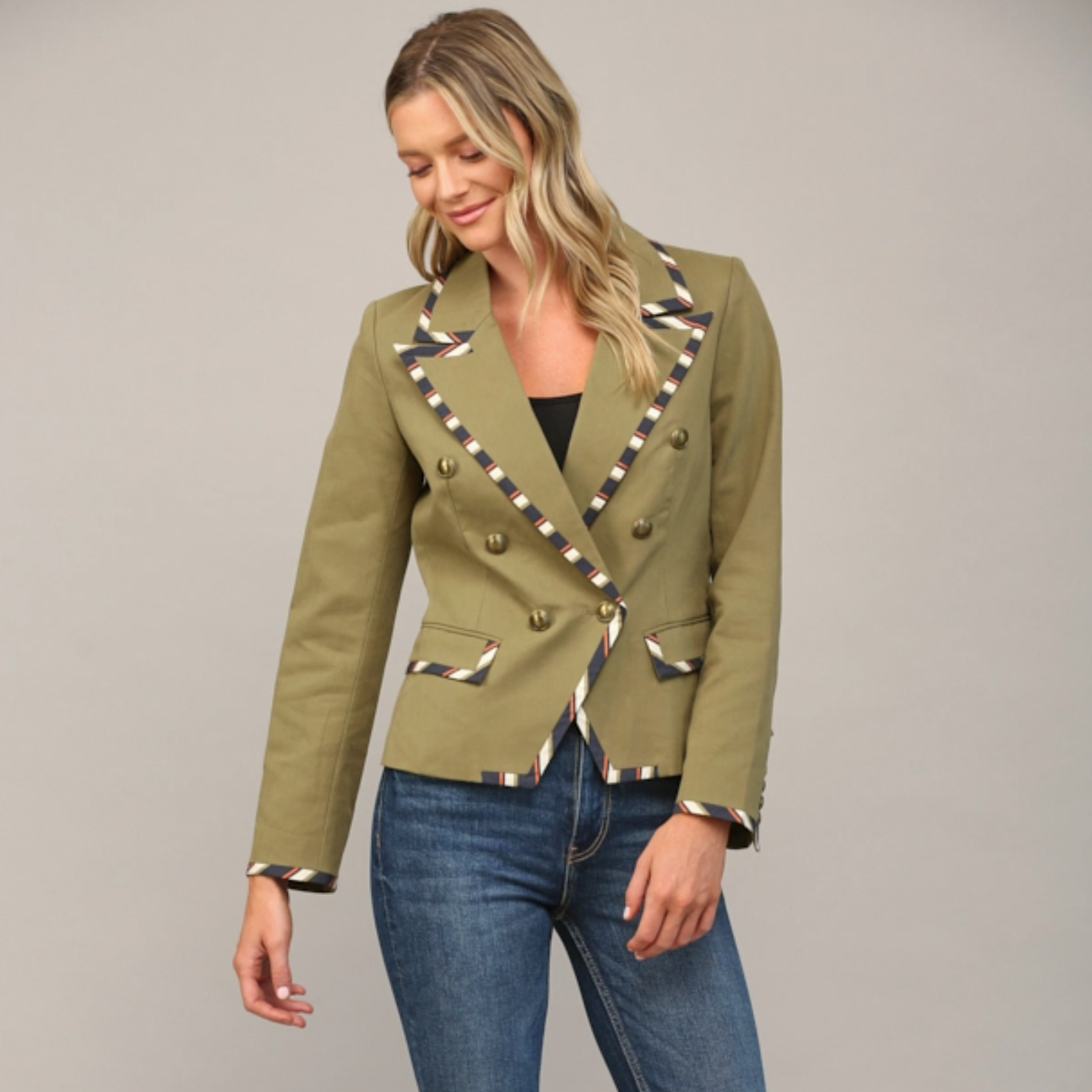 Double Breasted Blazer w/ Stripe Trim