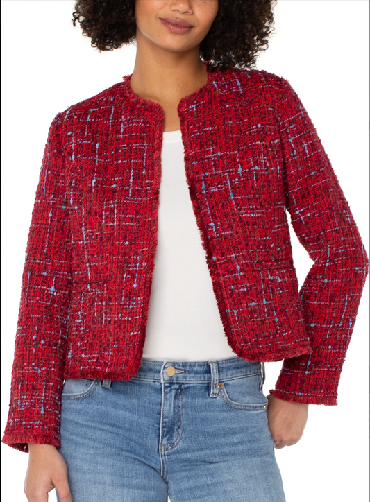 Frayed Edge Red Collarless Jacket