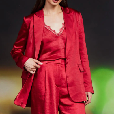 Red One Button Satin Blazer