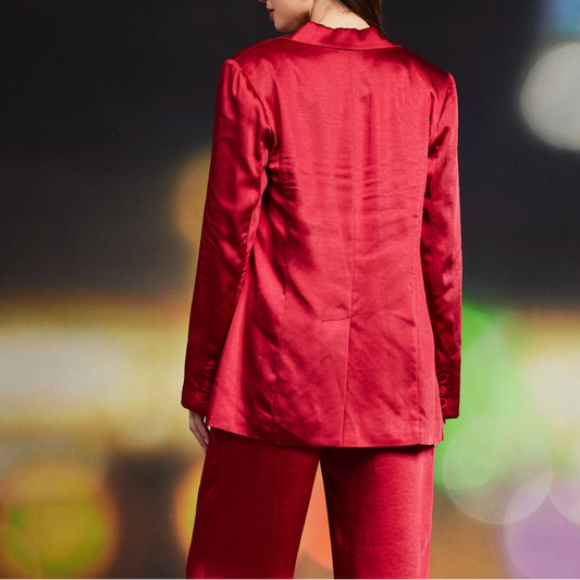 Red One Button Satin Blazer