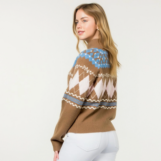 Argyle Fair Isle Mock Neck Sweater