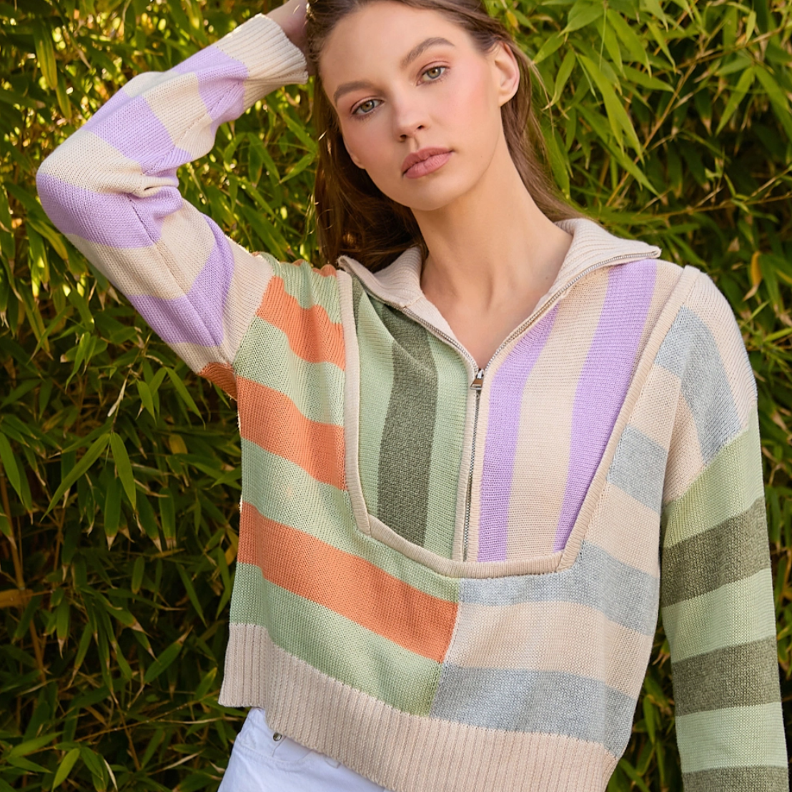 Multi-stripe Zip Neck Sweater