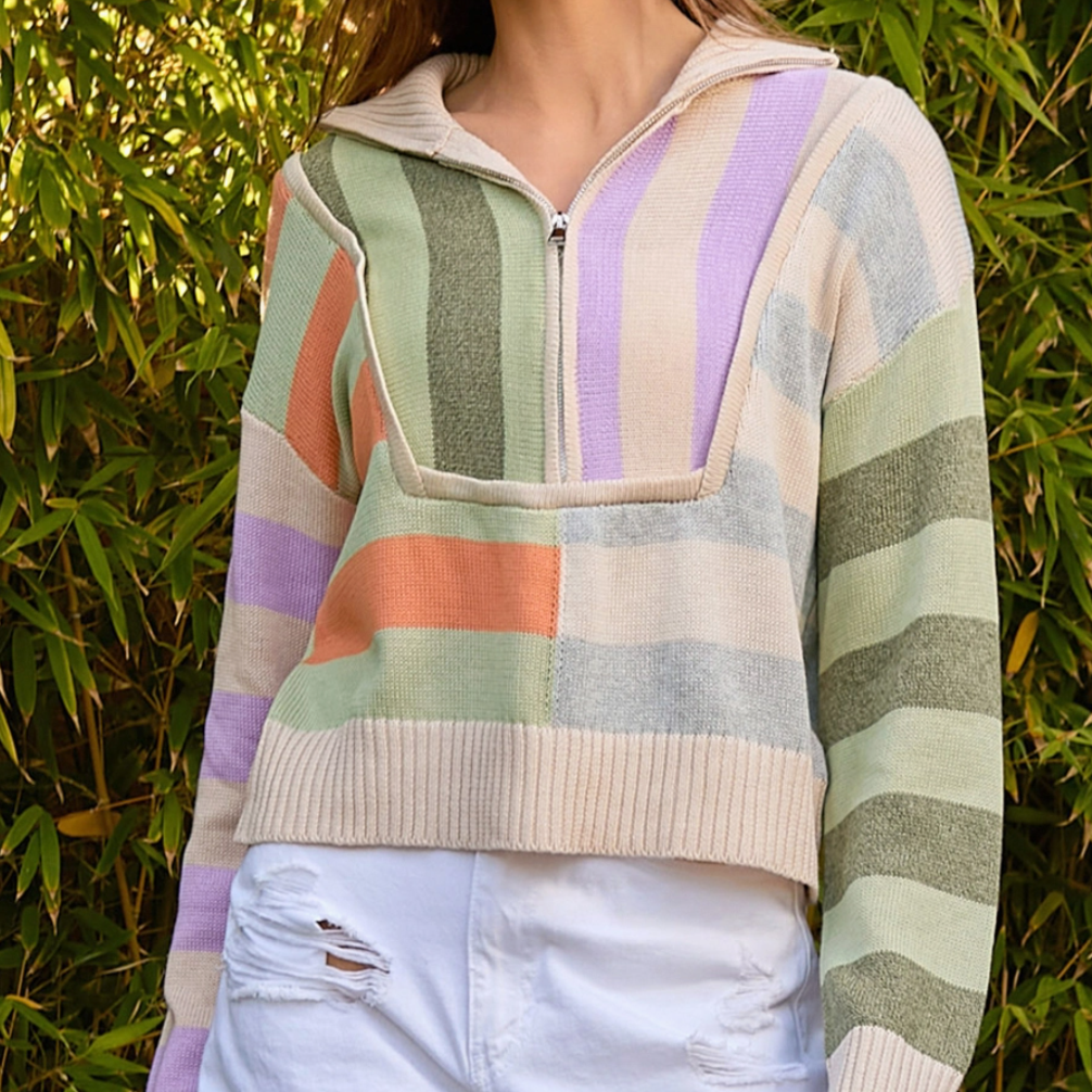 Multi-stripe Zip Neck Sweater