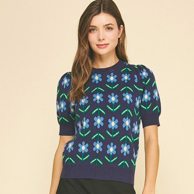 Navy Floral Mid Sleeve Sweater