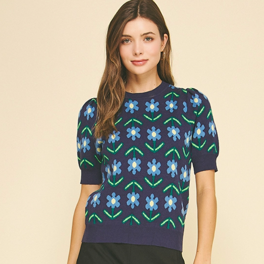 Navy Floral Mid Sleeve Sweater