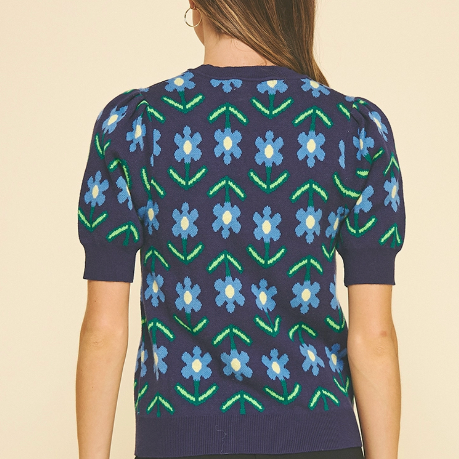 Navy Floral Mid Sleeve Sweater