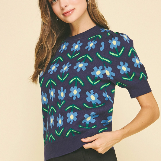 Navy Floral Mid Sleeve Sweater