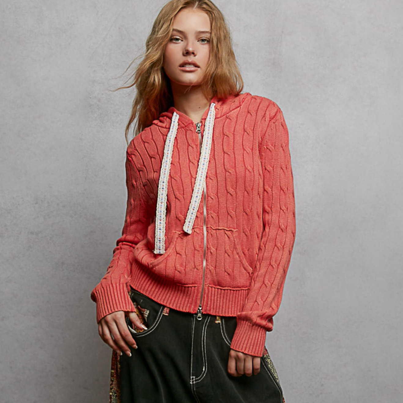 Cable Zip Up Hooded Cardigan