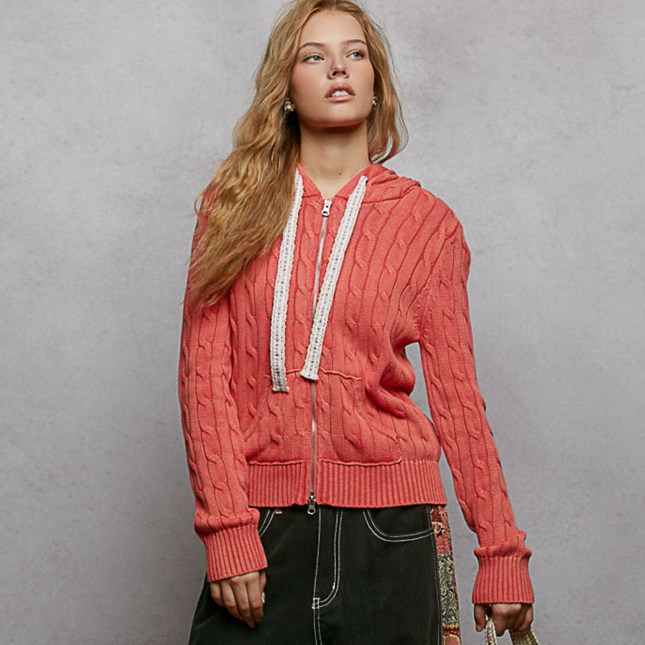 Cable Zip Up Hooded Cardigan