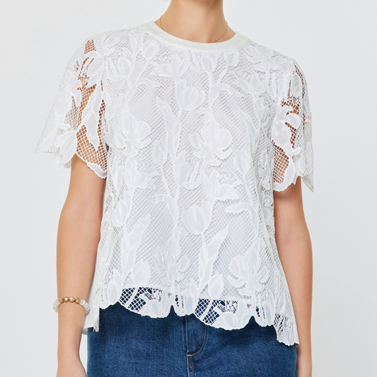 White Floral Lace Overlay Top