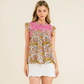 Embroidered Flower Print Ruffle Sleeve Top