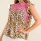Embroidered Flower Print Ruffle Sleeve Top