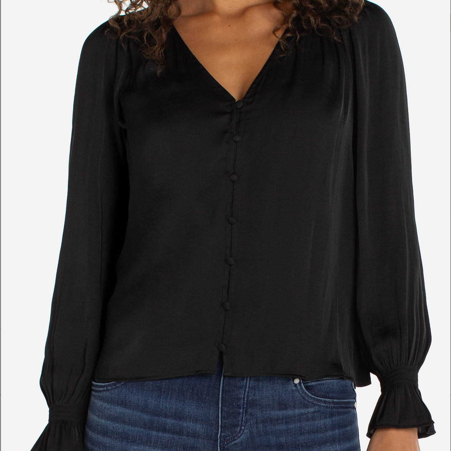 Long Sleeve Button Front Woven Top with Smocking