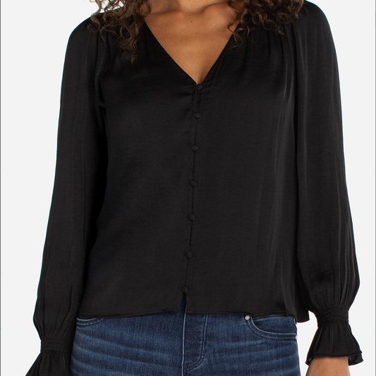 Long Sleeve Button Front Woven Top with Smocking