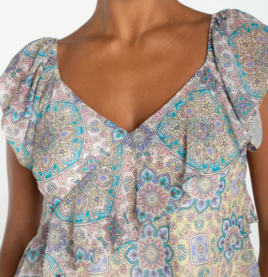 Flutter Sleeve Draped Woven Blouse