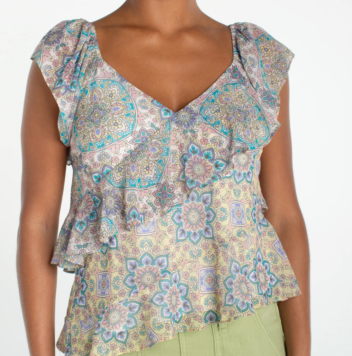 Flutter Sleeve Draped Woven Blouse