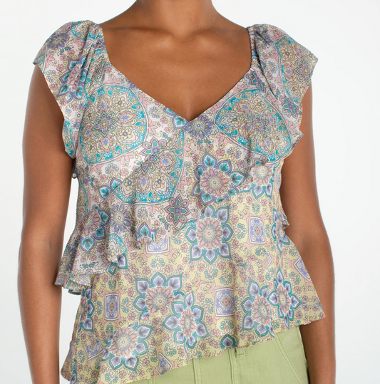 Flutter Sleeve Draped Woven Blouse