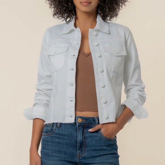 Kara Denim Jacket with Frayed Hem-Optic White