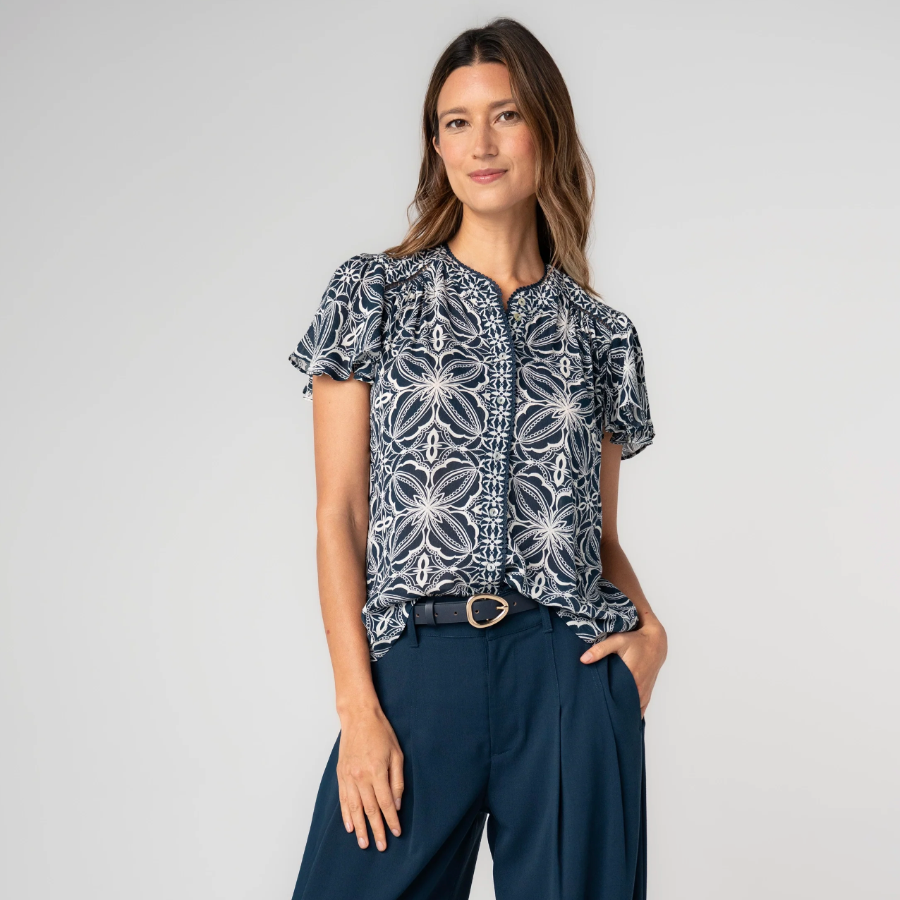 Flutter Sleeve Button Front Knit Top