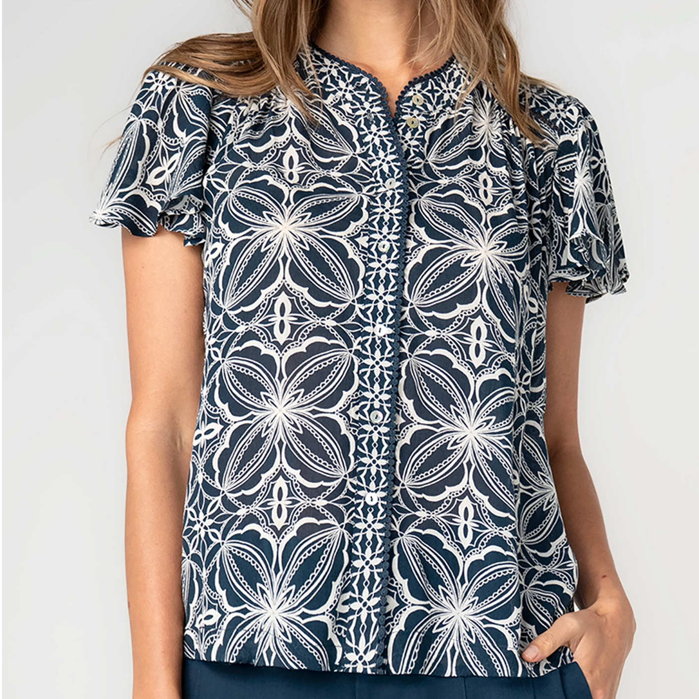 Flutter Sleeve Button Front Knit Top