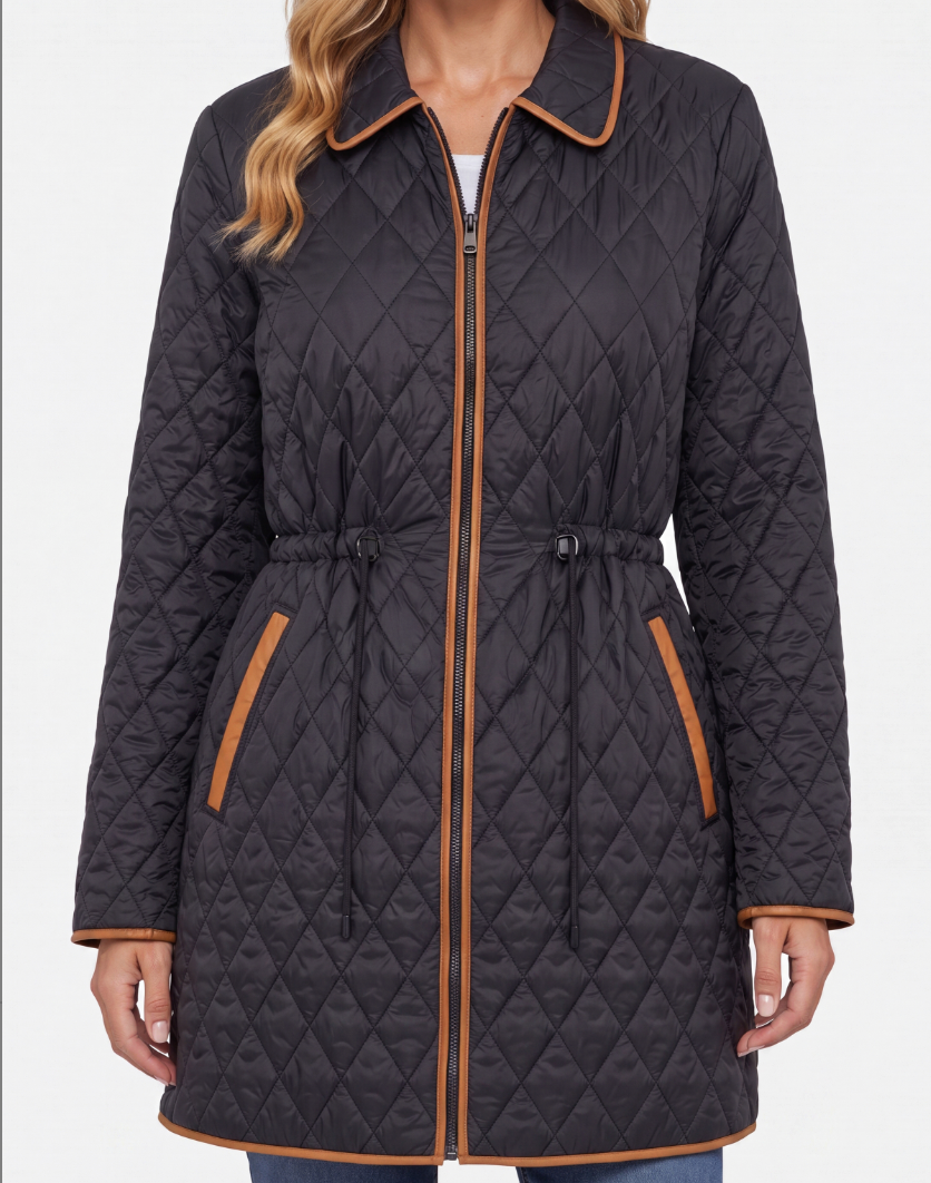 Zip Front Quilted Coat w/ Cinched Waist