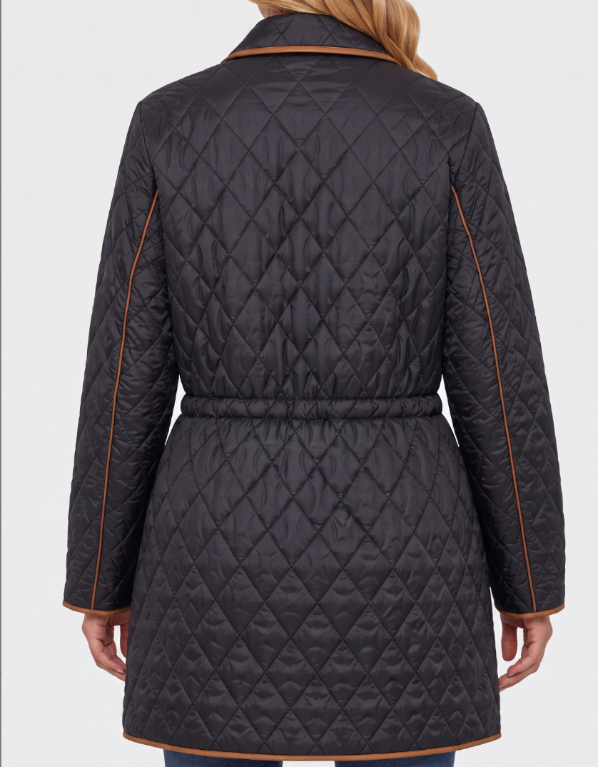Zip Front Quilted Coat w/ Cinched Waist
