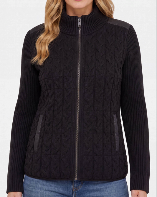 Long Slv Zip Front Quilted Sweater Jacket