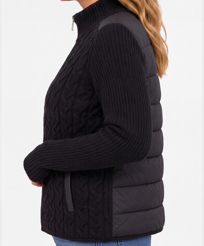 Long Slv Zip Front Quilted Sweater Jacket