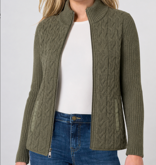 Long Slv Zip Front Quilted Sweater Jacket