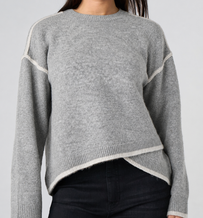 Long Slv Crewneck Sweater W Cream Tulip Hem