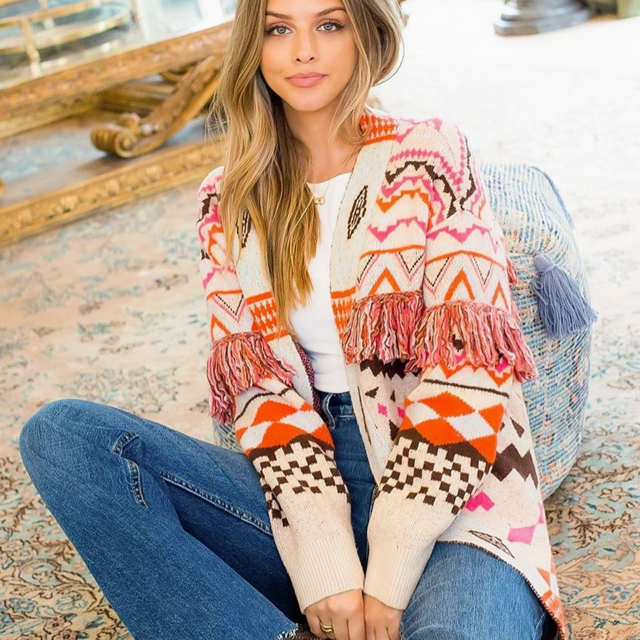 Long Cardi with Fringe - Aztec print