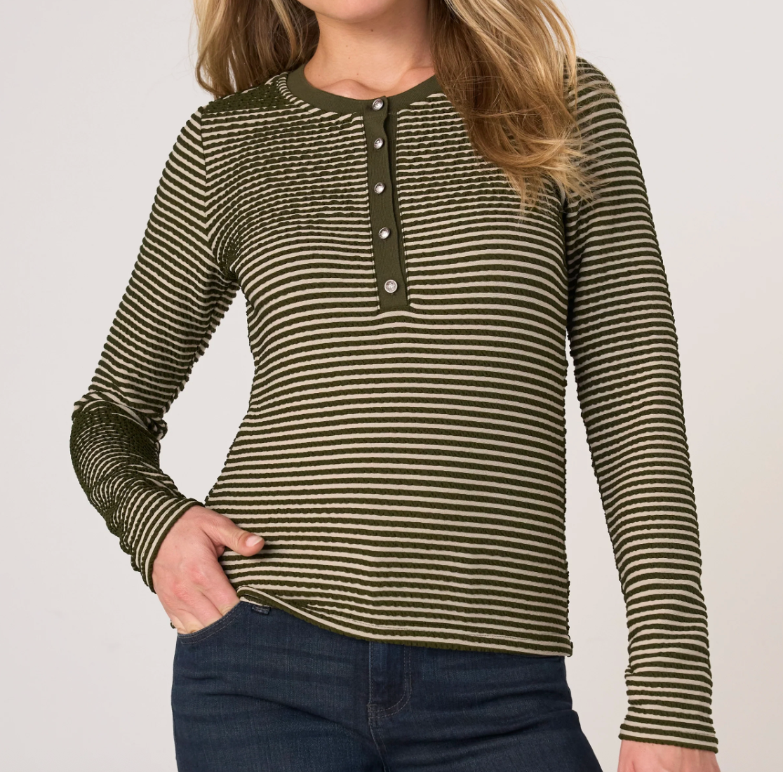 Long Sleeve Knit Henley Top W/ Sweater Trim