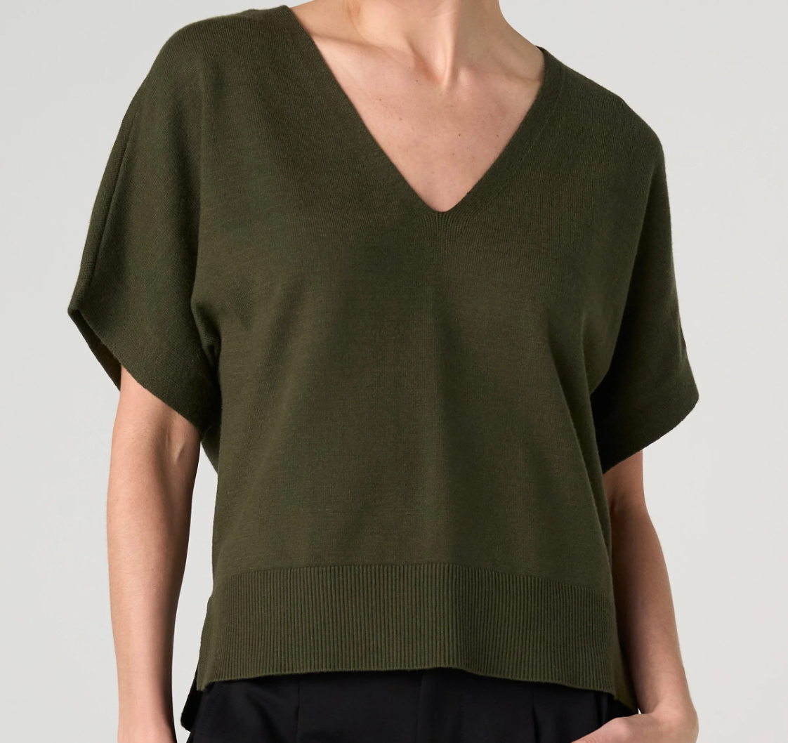 Short Sleeve V-Neck Dolman Popover Sweater W/ Step Hem