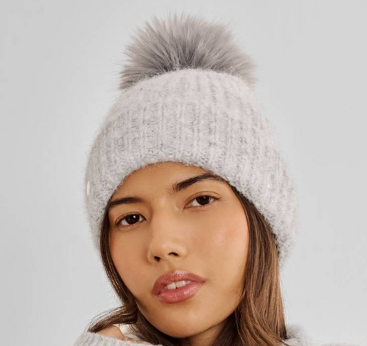 Gray Cable Sequin Soft Knit Pom Hat
