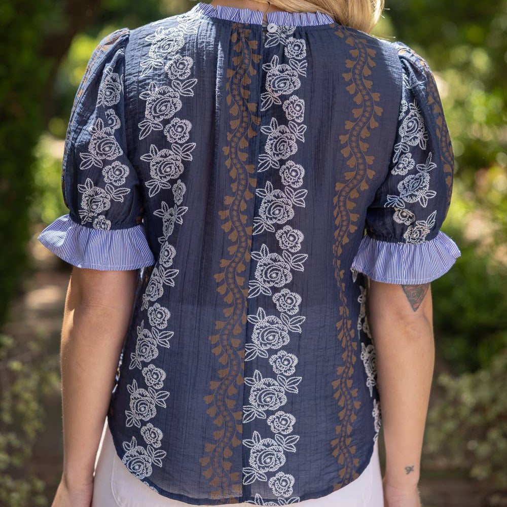 Navy Stripe Ruffle Detail Floral Printed Top