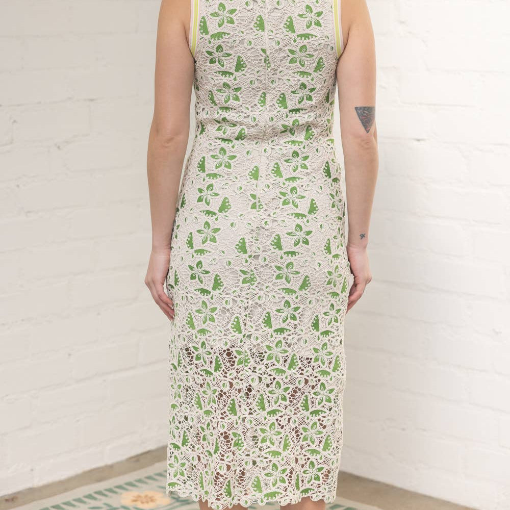 Striped Band Floral Crochet Midi Dress