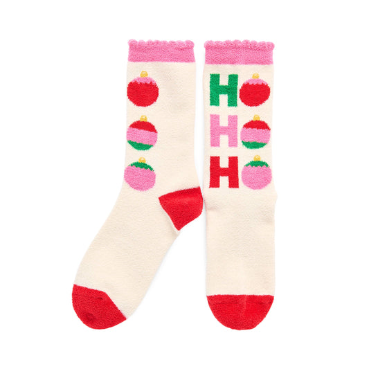 "HO HO HO" ORNAMENTS SOCKS, IVORY