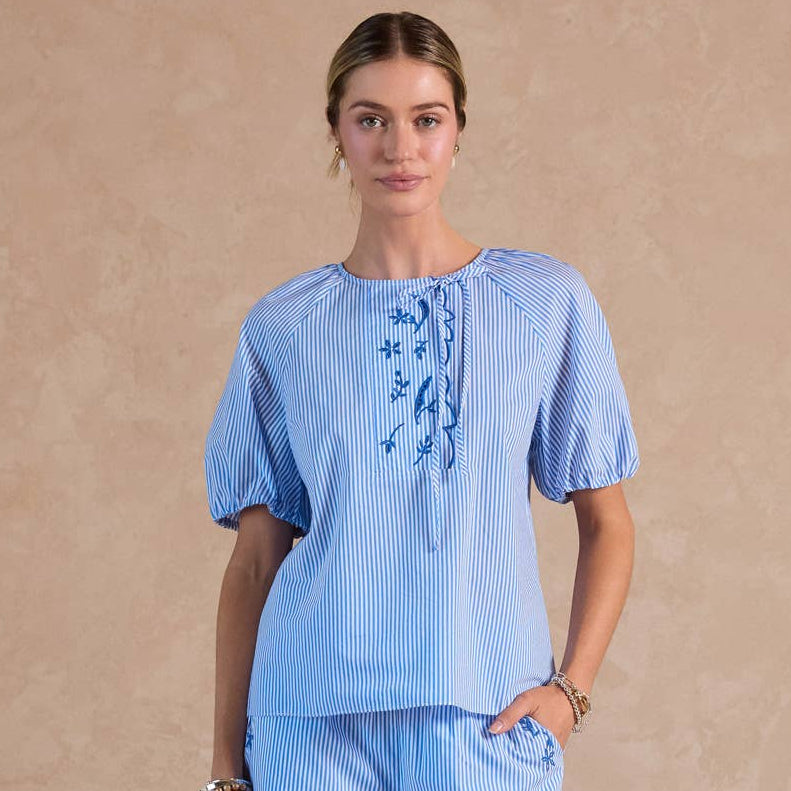 Blue Striped Embroidered Short Sleeve Blouse