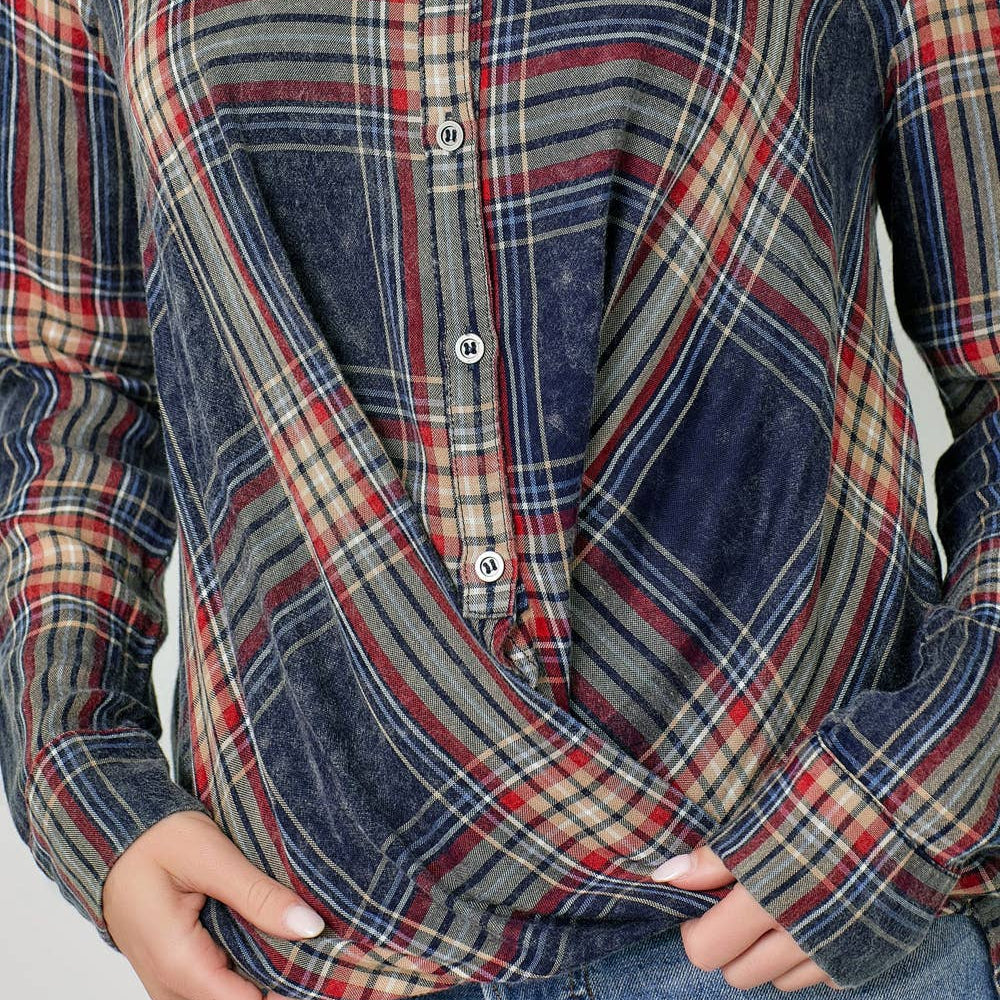 Washed Plaid Surplice Blouse