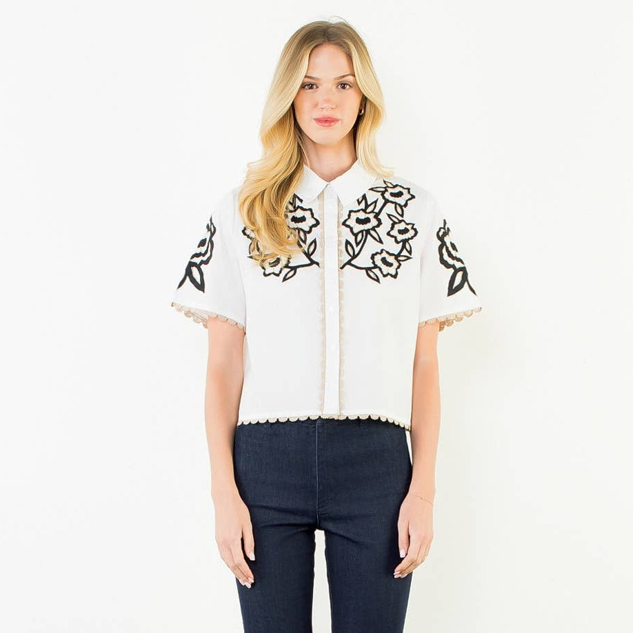 Collared Button Up Embroidery Top