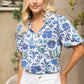 Quarter Button Round Yoke V-Neck Floral Print Top
